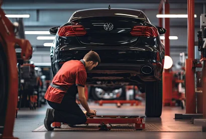 Technicien automobile inspectant le dessous d'une voiture dans un atelier de réparation à Montréal