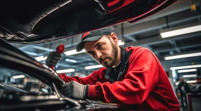 Technicien de l'Atelier de Carrosserie 24K / 24K AUTO Inc effectuant une réparation de bosses sur un véhicule